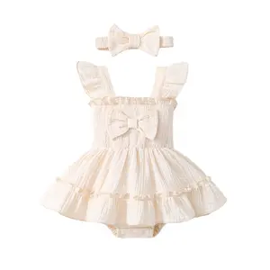 Newborn Baby Girl Summer Clothes Sleeveless Smocked Romper Dress Ruffles Jumpsuit Bodysuit with Bow Headband