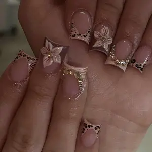 Old Money Fall 24Pcs Short Square Leopard French Tips 3D Rhinestone Flower Acrylic Nails For Date Night Gala Events