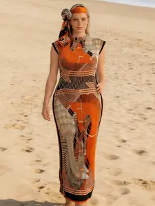 1dress+1scarf Stretchy Sleeveless Pleated Maxi Dress Outfit – Rust Orange Geometric Print Bodycon Gown for Beach, Party & Evening Events Womenswear Women | FREE Matching Headwrap Included