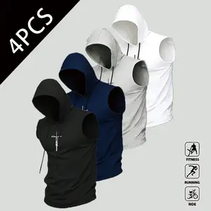 1–4 pcs Quick-Dry Men’s Hooded Vest Summer Lightweight Fashion Sports Sleeveless Shirt Breathable Casual Gym Outdoors, Athletic Look, Breathable Fabric Workout Sportswear Fitness Outfits tiktokshopspringglowup