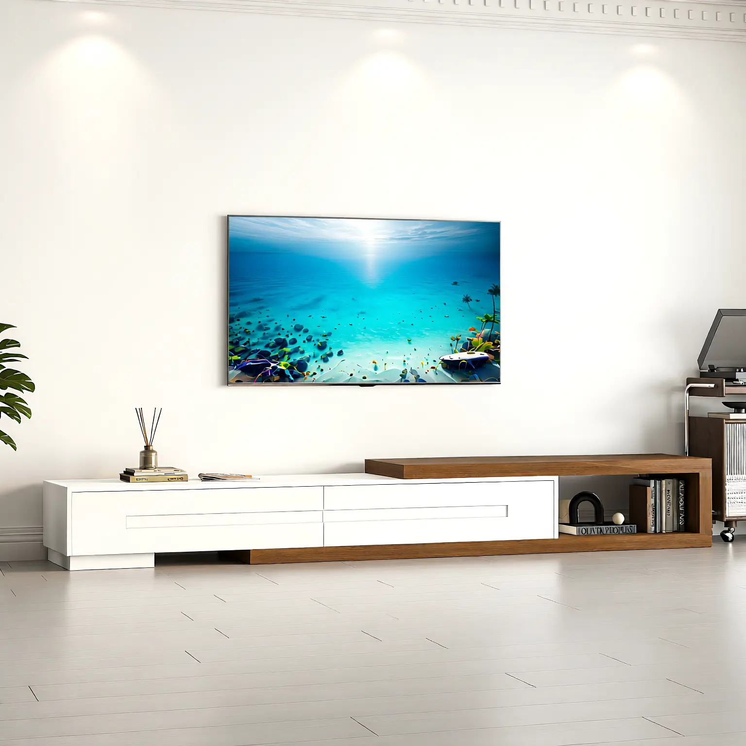 80''-115'' Extendable TV Stand for 120 Inch TV, Walnut Wood Modern Entertainment Center, Rectangle TV Console Table with Drawers & Shelves for Living Room