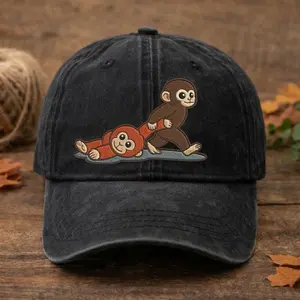 Viral Team Punch Monkey Embroidered Hat, Japan Inspired Baby Monkey Plush Cap, Cute Animal Lover Gift Trendy Adjustable Dad Hat