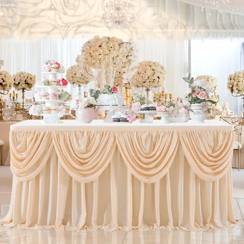 Classic Satin Double Drape Table Skirt - Front-Only Adhesive Pleated Decor, Fits 6ft(72''l×30''h)/9ft(108''l×30''h) Rectangle & Round Tables, Wedding Centerpiece & Birthday Party Home Supplies