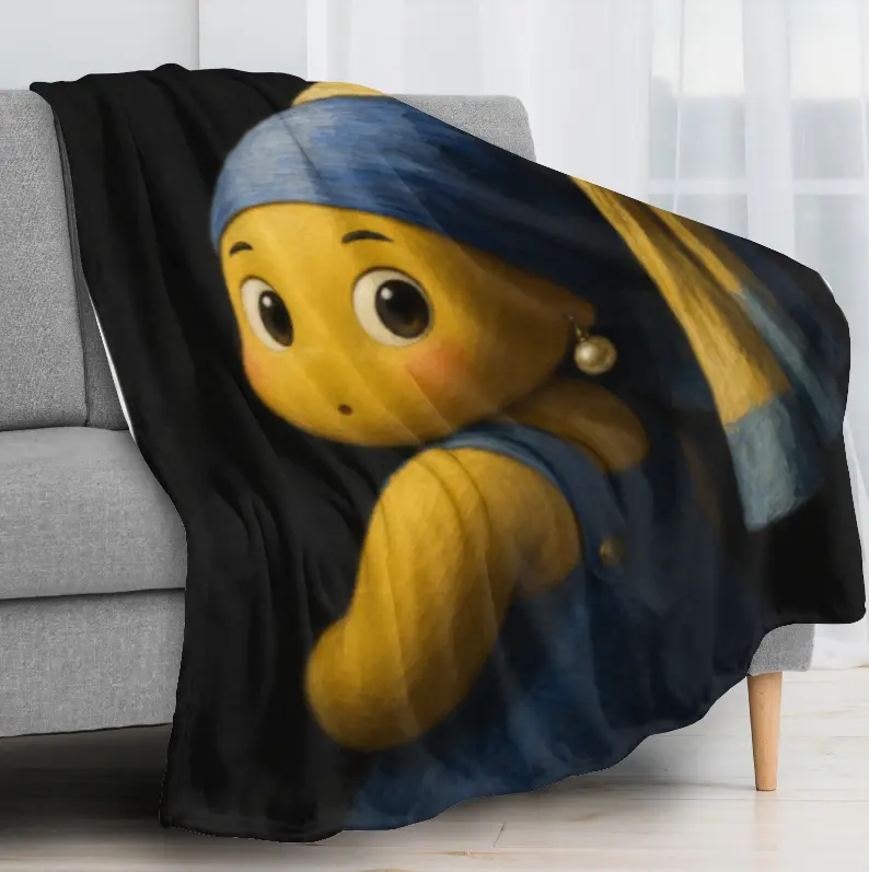Minions Inspiration Pearl Girl Inspired Flannel Blanket, Cute Oil Painting Style Minions Throw Blanket, Ultra Soft Plush Blanket for Sofa, Bed, Bedroom Decor & Fan Gift