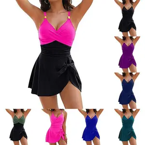 Women's 1-Piece Solid Color Beach Bathing Suit - Wrap Front Polyester Swimdress with High Elastic Ruched Tummy Control, Skirted Cut, Quick Dry, Ideal for Summer Vacations