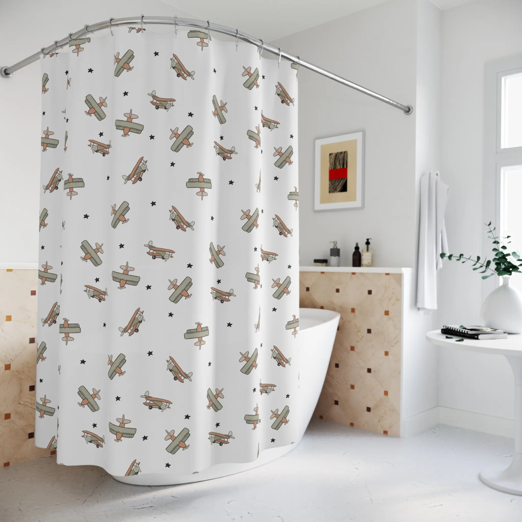 Airplane Shower Curtain | Vintage Plane Bathroom Decor | Matching Baby Nursery & Kids Bath | Aviation Theme Gift