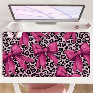[Mouse Desk Pad] Non-Slip Mouse Pad Large Gaming Mouse Pad With Rubber Base & Stitched Edge Pink Leopard Bowknot Design Desk Top Protector Mat For Home Office Christmas Gift