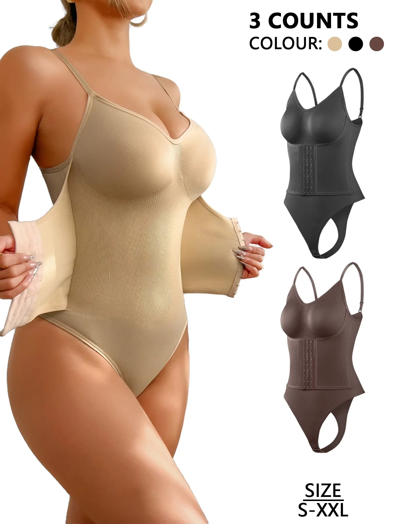 Women's Tummy Control Bodysuit, Body Shaping Shapewear, Dual-Layer Fabric Hook & Eye Closure for Abdominal Control, Push-Up & Butt Lifting, Adjustable Spaghetti Strap & Thong Design, Comfortable High Waist Shapewear for Daily Wear