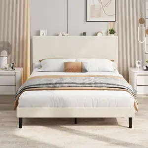 Garvee Queen Size Bed Frame with USB Charging Station, Corduroy Upholstered Platform Bed Frame with Adjustable Storage Headboard, Wooden Slats Support, No Box Spring Needed, Easy Assembly, Beige