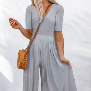 Effortless Chic V-Neck Jumpsuit Cotton Summer Plain Polyester