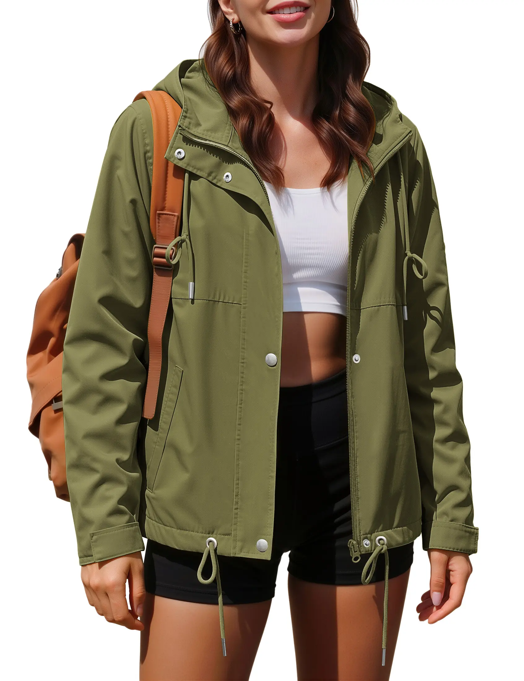 luvamia Rain Jacket Women Waterproof Lightweight Drawstring Zip Rain Coats Hiking Outdoor Travel Windbreaker with Hood