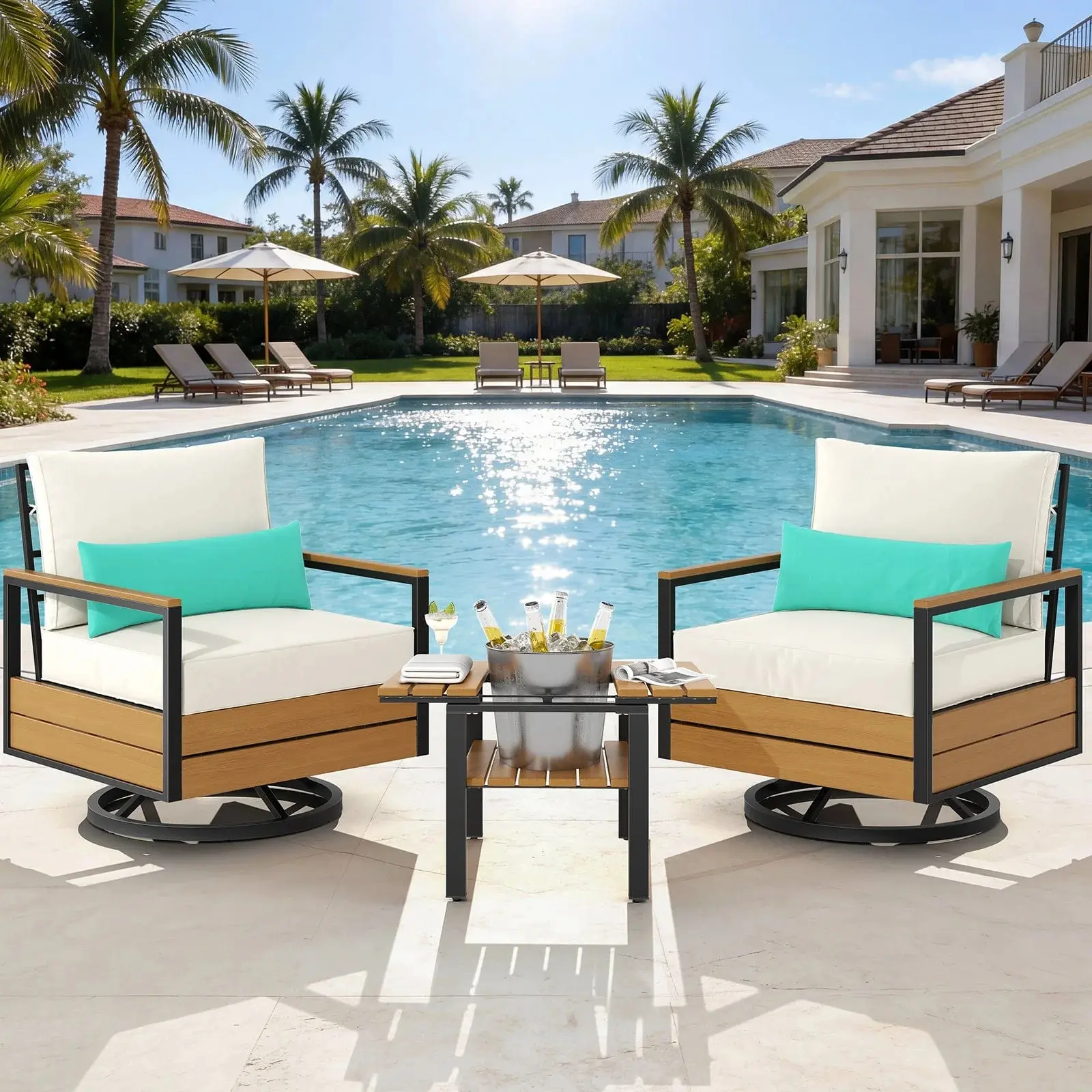 [SummerSale] Sikaic 3 Piece Outdoor Patio Furniture Set with 360° Swivel Armchair Accent Chair, Thick Cushion and Sliding Table Beige Modern Outdoor Furniture Rocking Bistro Set, Acacia Wood Conversation Set, Home Furniture, Dorm Essentials