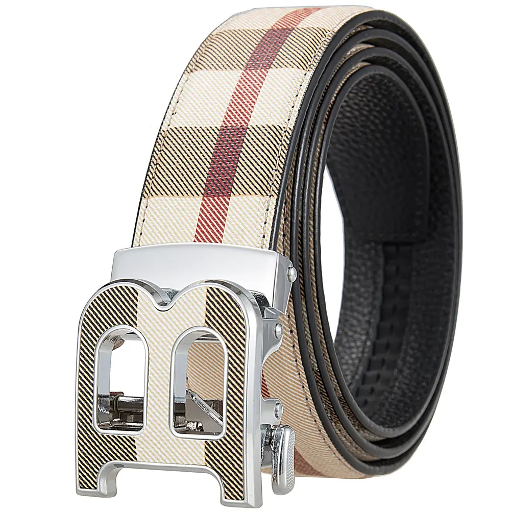 Men's Cowhide Leather Casual Belt, Textured Strap with Automatic Letter Buckle, 3.5cm Wide for Dress or Jeans