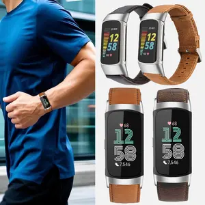 Doemoil Bands For Fitbit Charge 5 6 Genuine Leather Band Replacement Strap Wristband