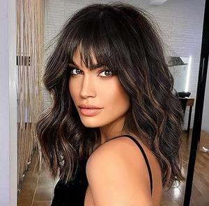 Black Mixed Brown Wig for Black Women 14 Inch Short Wavy Hair Wigs Curly Bob Wig with Bangs Wigs Shoulder Length Wigs for Black Women Bob Style Synthetic Heat Resistant Bob Wigs