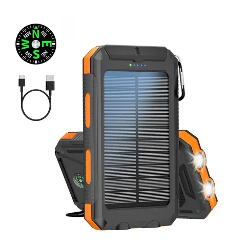 Citicr 10000mAh Solar Rechargeable Power Bank - Waterproof, Dustproof, Ultra Portable, with Compass Climbing Buckle, Lighting Lamp, Built-in USB-C I/O, EDC Gear for Outdoor Mobile Smartphone Use, Battery Anxiety Solution