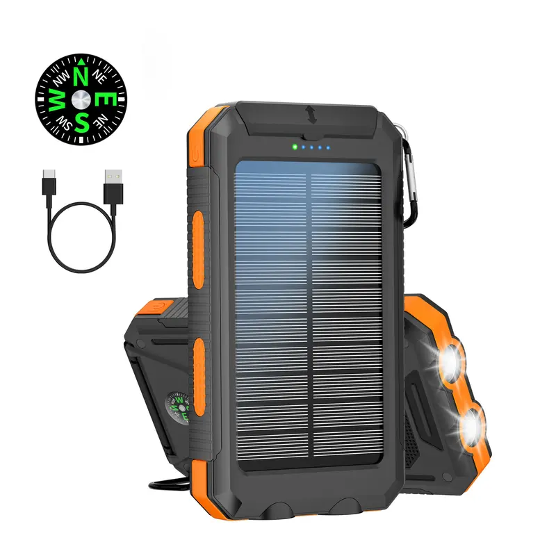 citicr 10000mAh solar power bank, waterproof and dustproof with compass climbing buckle, lighting lamp, essential for outdoor activities, built-in USB-C output/input, suitable for battery packs of iPhone and Android, etc