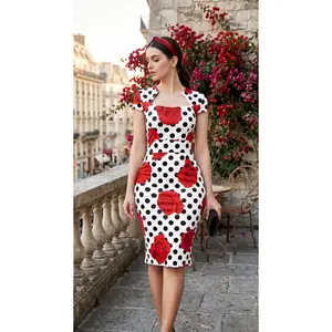 Vintage Cocktail Dress Cap Sleeve 1950s Retro Pencil Dress Wear to Work Dresses for Women Summer Hot Fashion Dress Polka Dot Rose Print Square Neck Short Sleeve Bodycon Dress