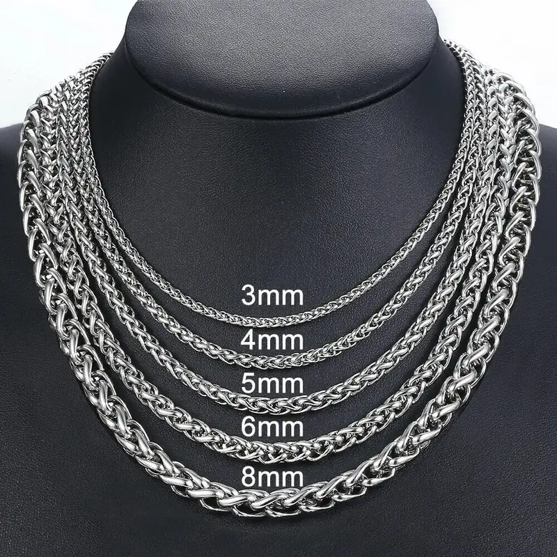 Hermah 3/4/5/6/8mm Braided Wheat Chain Necklace for Men Women Silver Color Stainless Steel Round Spiga Necklace 18-30inch