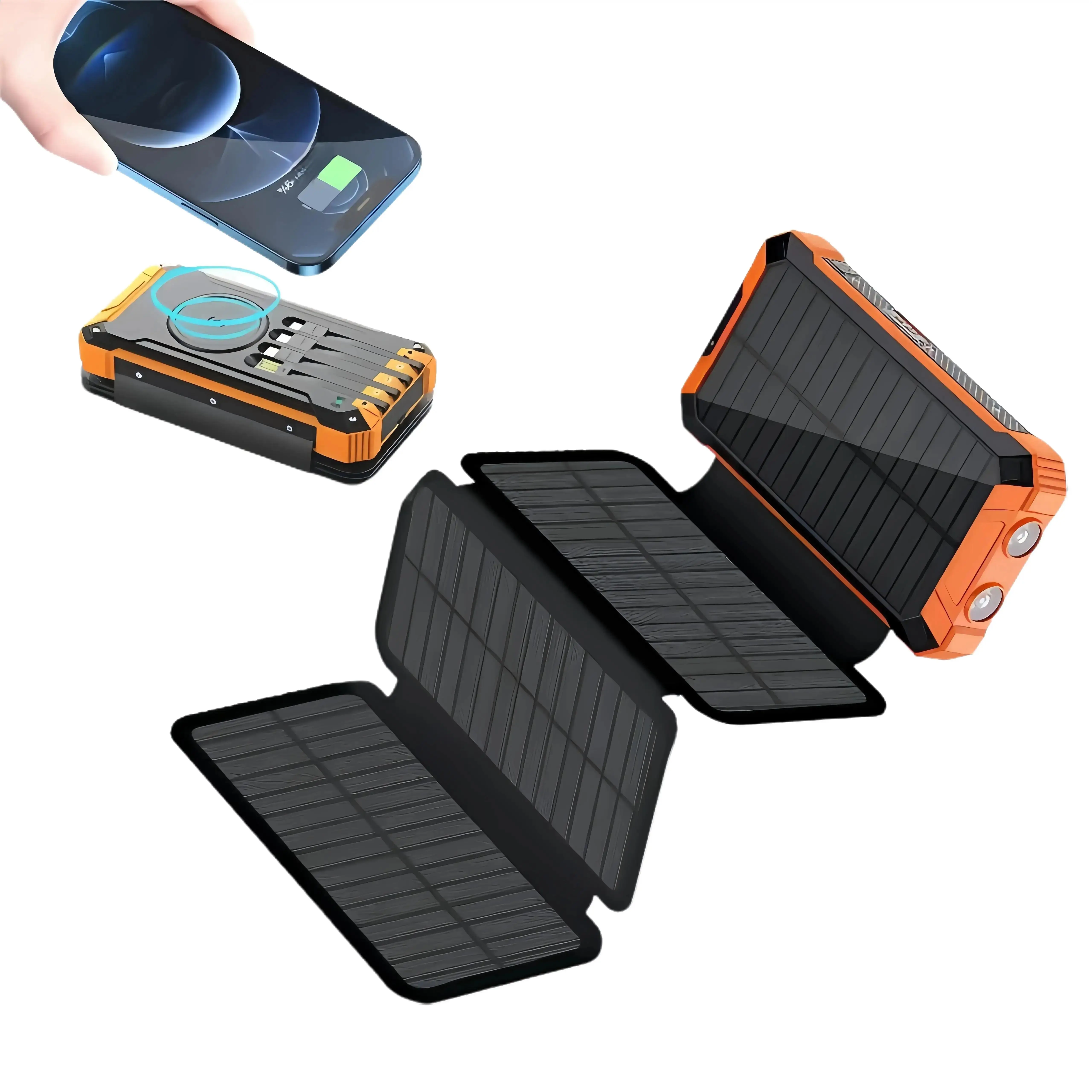 W22PLUS-4 Solar Panels Power Bank Built-in Cables and LED Lights, Support Wireless Charging, Charging 6 Devices Simultaneously.