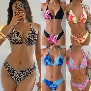 2026 new European and American bikini printed leopard print strap triangle cup sexy bikini split swimsuit women tankini suit sets rash guard two-piece swimwear crochet cheeky bottoms