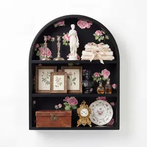 Arched Perfume Display Shelf - Black Wood Wall Shelf, Vintage Floating Shelves for Crystal & Trinkets, Gothic Home Decor Organizer for Bedroom, Vanity & Bathroom (15 Inch)