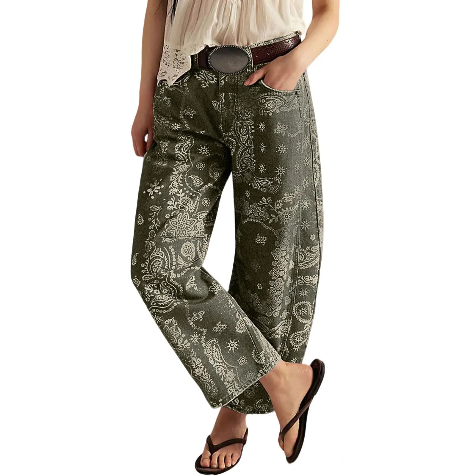 CHOUYATOU Women's Printed Wide-Leg Jeans Y2k Loose Mid-Rise Jeans in Soft Pink with Boho Floral Pattern Casual Denim Trousers