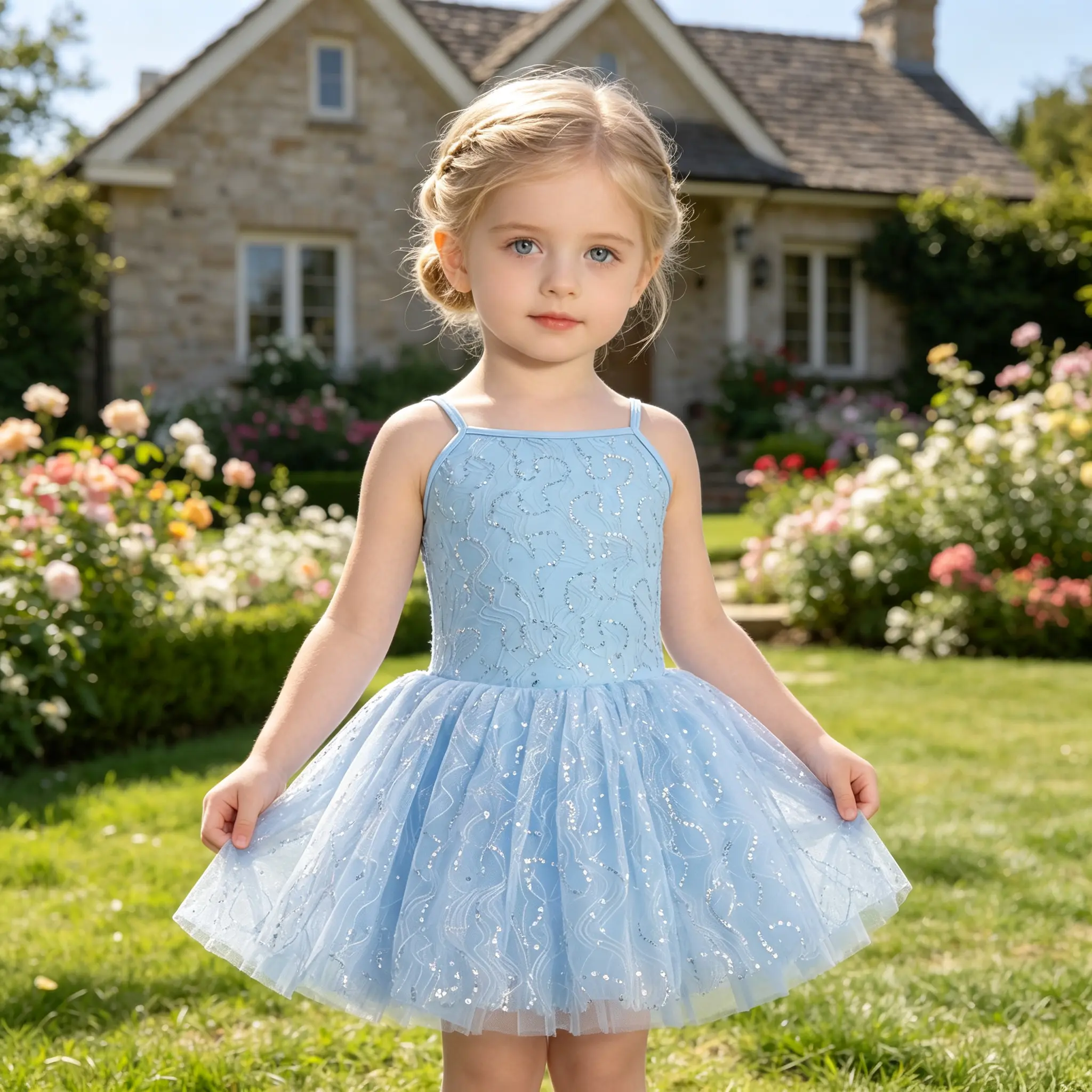 Girls Light Blue Spaghetti Strap Princess Tutu Dress, Sparkle Rhinestone Tulle Gown for Birthday Party & Photoshoot