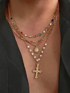 4 Piece Vintage Multi-Color Rhinestone Necklace Set for Men, Iced Out Chains, Stylish Casual Accessories for Everyday Wear, Perfect Gift for Holidays