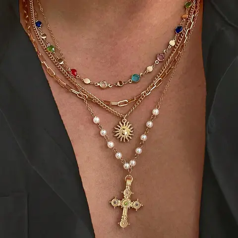 4 Piece Vintage Multi-Color Rhinestone Decorated Bling Necklace Set for Men, Men Jewelry, Iced Out Chains, Stylish Casual Accessories for Everyday Wear, Casual Style Necklaces, Perfect Gift for Holidays