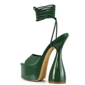 Green Platform Block Open Toe High Heel 4cm Lace Up