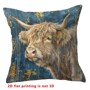 Vintage Highland Cow Print Pillow Cover, Digital Embroidery Style, Single-Sided, Home Decor, Living Room & Bedroom, All Seasons Use