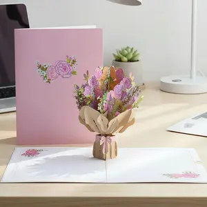3D Flower Bouquet Pop-Up Greeting Card – Pink Floral Gift Card with Envelope