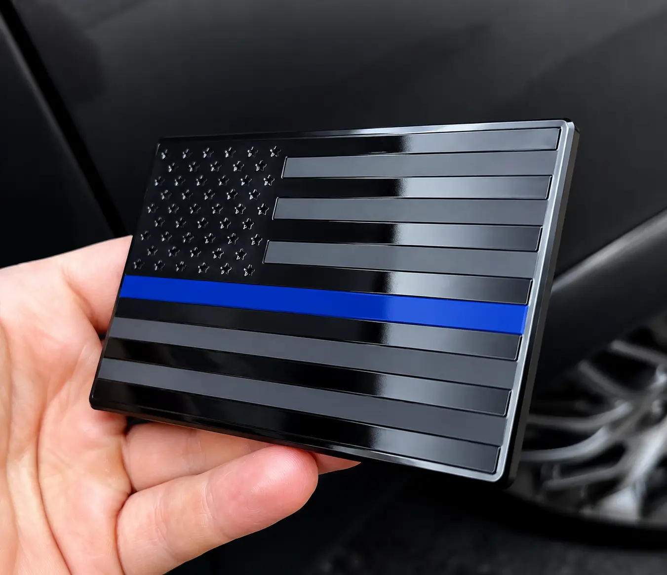 5"x3" Embossed Thin Blue Line Stainless Steel Car Flag - USA Metal Flag for Trucks, Supports Police & Law Enforcement Officers