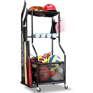 Equipment Garage Organizer - Rolling Ball Storage with wheels, 3-Tier  gear Storage Rack Indoor & Outdoor Balls Cart with Hooks for , Garage (Black)