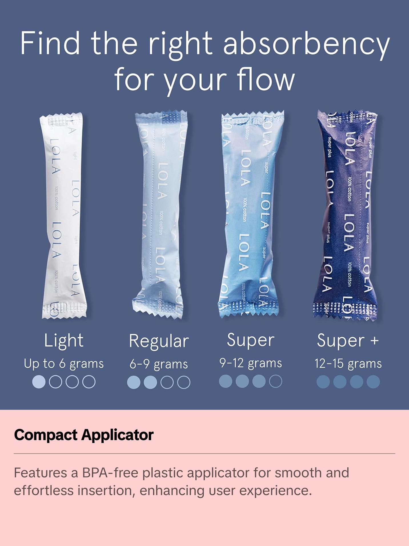 LOLA Regular and Super Organic Cotton Tampons | 360-Degree Leak Protection | BPA-Free Plastic Applicator | HSA FSA Approved Feminine Care Products | 16ct (8Reg / 8Super)