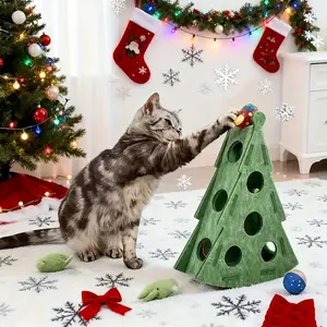 Christmas Theme Cat Fun Box - Green Christmas Teaser Puzzle Dig Toy with Bell Ball, Durable Felt Scratching Toy, No Battery Needed, Hides Treats, Unleashes Cat's Instincts - Cat Scratching Board, Cat Squeaky Toy, Suitable for 10 Scenarios,
