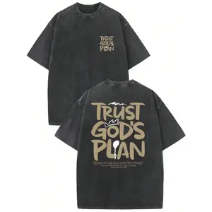 1 Piece, 230G Double-Sided Water Wash, Believe In God's Plan1 Piece, Washed Printed T-Shirt 230g, High-Quality Batik Cotton Retro Fashion Brand T-Shirt, A Certain Thickness Suitable For Summer T-Shirts, Holiday Gifts.