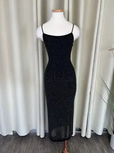 Amaris Black Rhinestone Slit Midi Dress