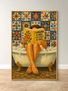 [UNFRAMED] Mexico Wall art,Mexicana wall art, Relaxing Bath Time Wall Art,Bathroom wall decor,Cozy Bathroom Decor, Woman Reading in Tub