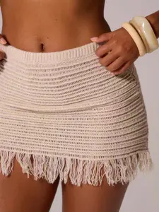 Boho Crochet Fringe Mini Skirt, Lightweight Knit Bodycon Dress, Perfect for Vacation Pool Party Music Festivals, Breathable Elastic Short Skirt Womenswear Knitted
