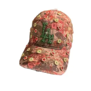 Hand Paint Jeweled Baseball Cap with red rose Design and Colorful Gemstones