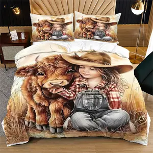 2pcs/3pcs American Country Style Bedding Set, Cute Highland Cow Pattern Duvet Cover Set, Denim Girl Print Comforter Cover, Suitable for Bedroom and Guest Room Bed Decoration, Soft and Comfortable, Including 1 Quilt Cover and 1/2 Pillowcase