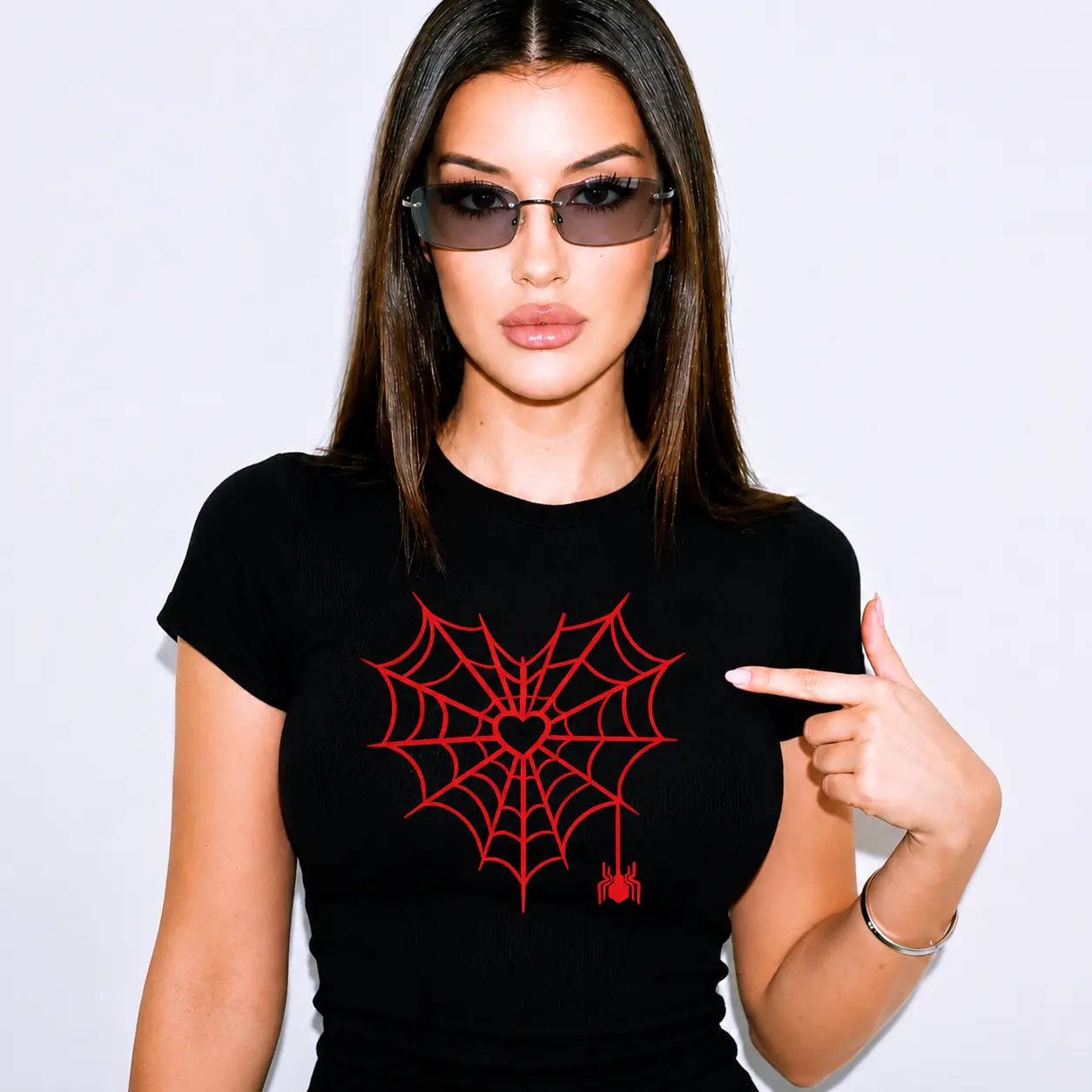 Spider Web Heart Design T-Shirt for Women - Black with Red Web Pattern - Comfortable & Stylish Top