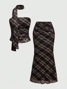 Y2K Plaid Mesh Two-Piece Set, Ruched Bralette + Fish Tail Midi Dress with Matching Neck Scarf, Perfect for Brunch, Dates, Night Out, Shopping
