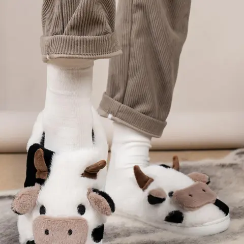 2024 New Style Cow Design Slippers Footwear, Casual Soft Comfortable Home & House Slippers for Fall & Winter, Fluffy Fur Warm Slippers for Indoor & Outdoor Use for Men