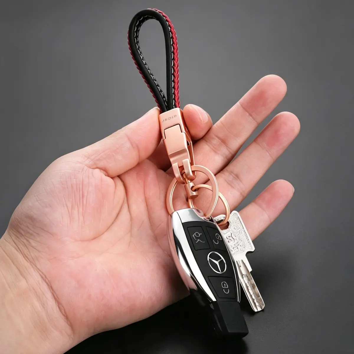 Fashion Hand-Woven Leather Keyring for Women, Detachable Double Metal Ring Car Keychain, Sturdy Daily Auto Accessory, Elegant Gift Box for Birthday & Anniversary
