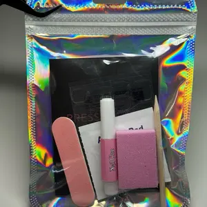 Press On Nail Tool Kit with Nail File and Glue in Colorful Holographic Packaging
