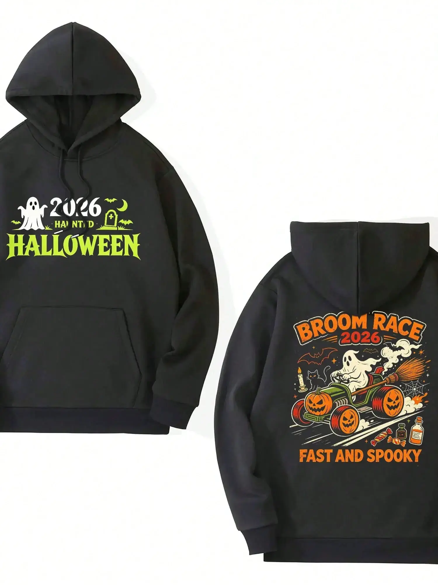 2026 Halloween Broom Race Hoodie, Double-Sided Spooky Ghost & Pumpkin Print, Fleece Pocket Sweatshirt, Halloween Costume Gift for Friends Print Tee, Andrew Clothings