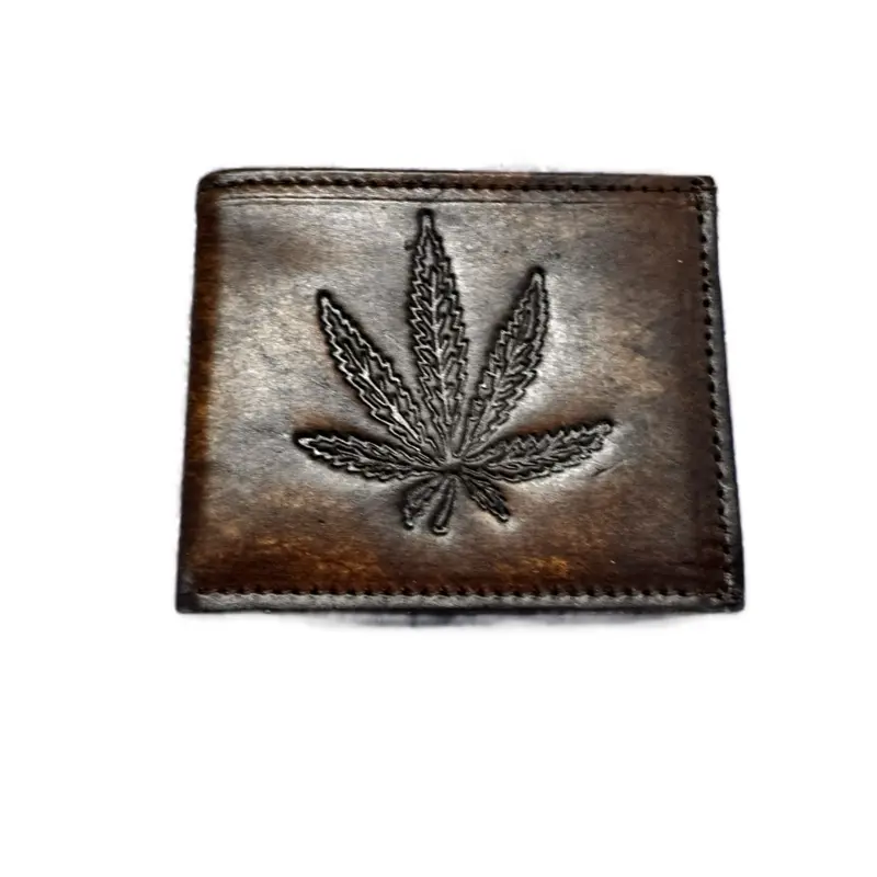 Genuine Leather Wallet with Leaf Design and Custom Engraving in Brown or Black Color